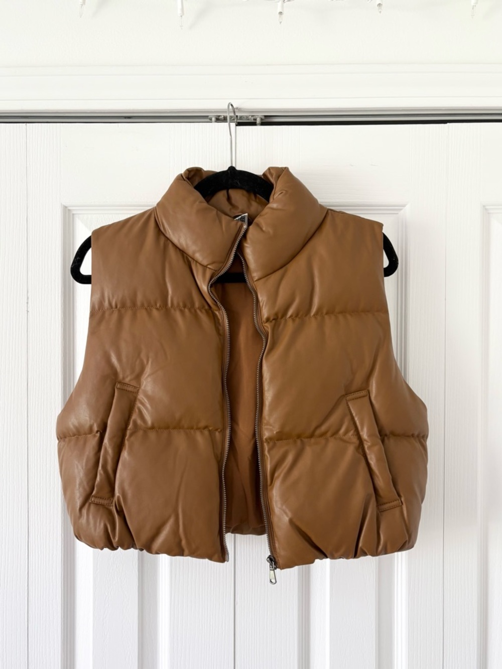 Double Zero Cropped Brown Leather Puffer Vest